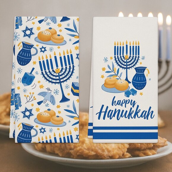 Chanukah Kitchen Towels Set 2pc Menorah Dreidel Design  Hanukkah Gift set 18x26" - Picture 1 of 7